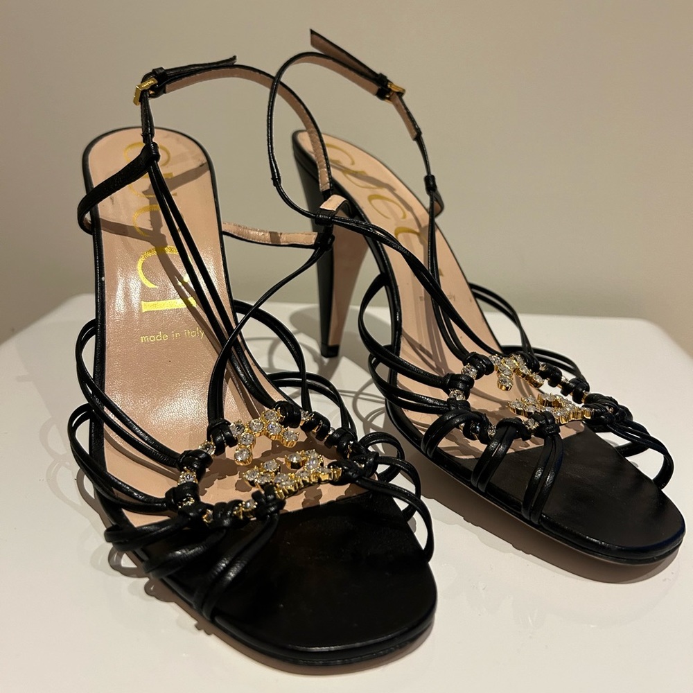 Gucci Isa Crystal Embellished Interlocking G Slingback High Heel Sandals